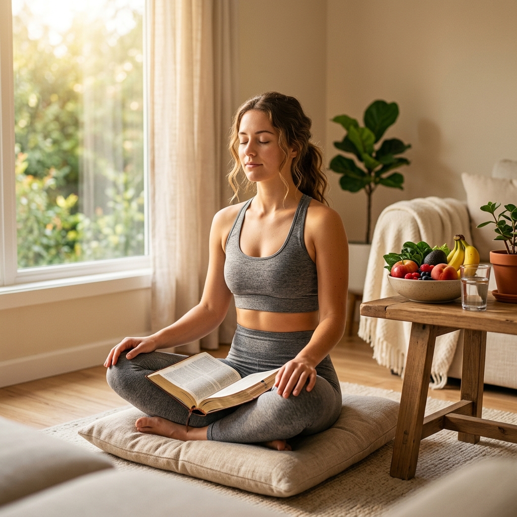 Faith-based wellness — woman with Bible and healthy food
