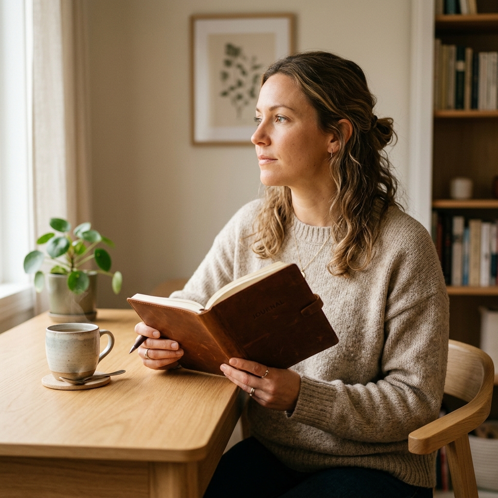 Woman reflecting on goals with journal